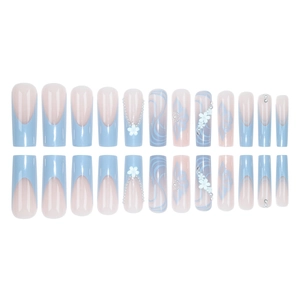 Faux ongles trapèze longs bleu et rose avec fleurs 3D et perles décoratives