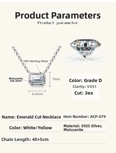 Macro detail of emerald cut moissanite pendant with dimensions 8.6x7mm in S925 silver