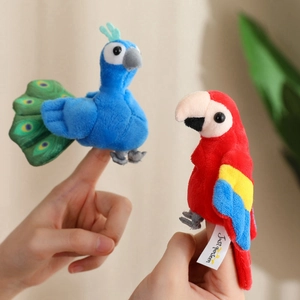 Plush peacock and parrot finger puppets set made of soft fabric for interactive storytelling