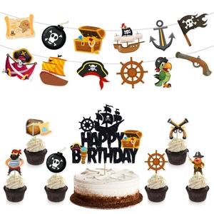Pirate Theme Birthday Party Decoration Cardstock Banner And Cake Toppers Cartoon Design For Kids Celebration