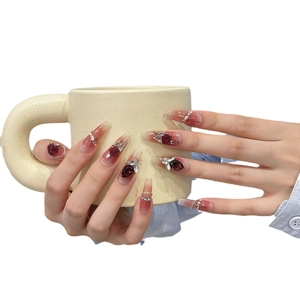 Handmade gradient red press-on nails with 3D roses, crystals and long coffin shape