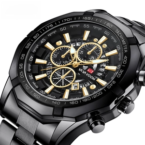 Men's luminous waterproof quartz sport watch with black stainless steel strap and gold dial