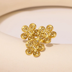 Vintage French gold flower ring with three petals and pavé cubic zirconia for women