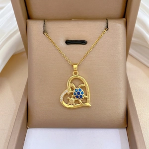 Turtle Heart Pendant Necklace Stainless Steel Chain Copper Mother Child Blue Opal Jewelry Gift For Mom