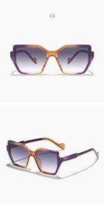 Detailed front and side views of polygon gradient sunglasses in purple and amber C5