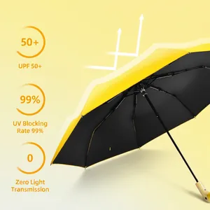 Three-fold duck head umbrella with wooden handle and UPF 50+ UV blocking coating