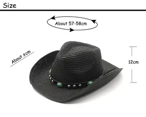 Size chart showing 57-58cm circumference and 8cm brim of black straw cowboy hat