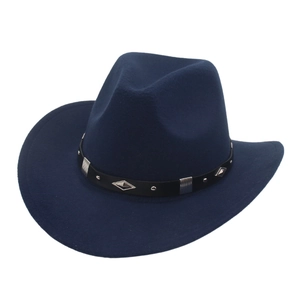 Detail of dark blue western cowboy hat featuring decorative leather belt and silver studs