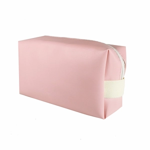 Pink large capacity PU leather octagonal makeup bag with off-white woven handle strap