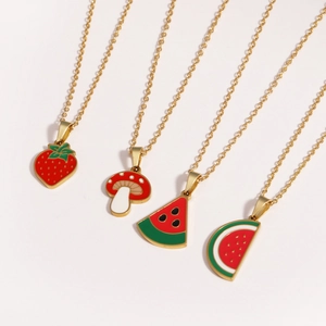Set of four titanium steel necklaces with enamel strawberry and watermelon pendants