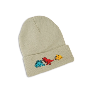 Detail of light green knit beanie featuring three colorful cartoon dinosaur embroideries