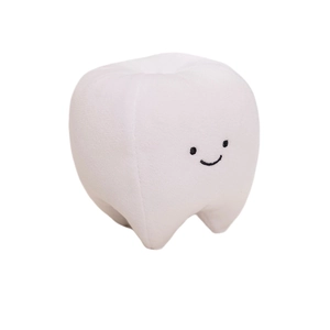Cute white tooth plush toy with a smiling face for dental education and kids' comfort
