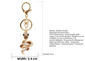 Detailed size specifications for the gold snake keychain with crystals and dimensions