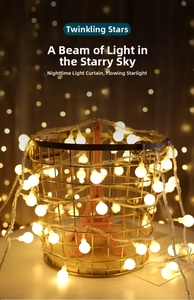 Close-up of warm white frosted ball LED fairy lights wrapped around a gold iron basket