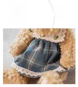 Detail of plush teddy bear wearing a vintage plaid dress with lace and rose embroidery