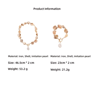 Detailed size chart for the shell and pearl necklace and bracelet set in gold finish
