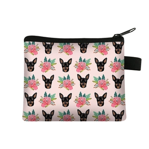 Cartoon Dachshund printed square coin purse in pink with floral dog patterns