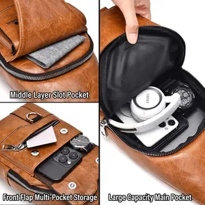 Men's vintage brown leather chest bag with multi-layer storage and waterproof design