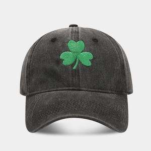 Retro washed black cotton baseball cap with green shamrock embroidery for men and women