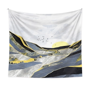 Close-up of abstract mountain landscape tapestry with modern sun and birds graphic