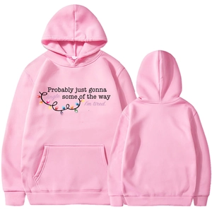 Pink hoodie with Jingle Some of the Way text and colorful lights print front and back view