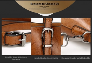 Detail of brown litchi pattern leather tote with adjustable straps and gunmetal hardware