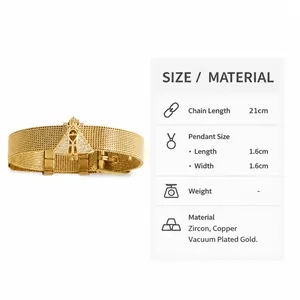 Detailansicht eines 21cm vergoldeten Mesh-Armbands mit Zirkon-Kreuzanhänger und Maßen