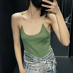 Women Sexy Slim Fit Tank Top Invisible Transparent Straps U-Neck Knitted Rib Backless Cami Top Solid Color Minimalist