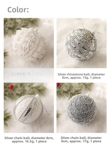 Detail view of 8cm white Christmas ornaments with glitter, sequins, and pearls