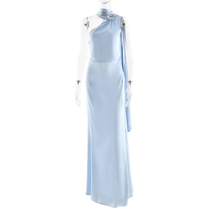 Close-up of light blue one-shoulder satin dress with elegant shoulder streamer detail