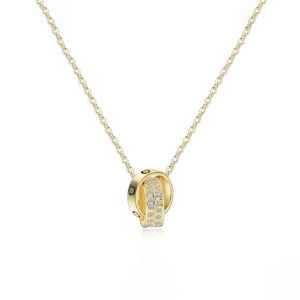 Elegant gold-plated interlocking ring necklace with micro-paved zirconia and circle engraving