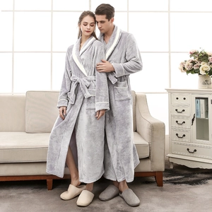 Flannel Bathrobe For Women And Men Thickened Warm Long Sleepwear With Contrast Piping Shawl Collar Belt Pockets