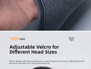 Detail of adjustable velcro closure on grey fleece windproof mask for custom head size