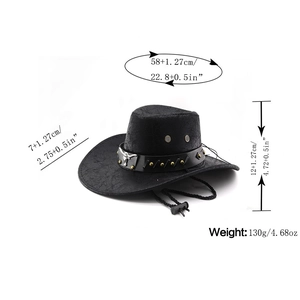 Unisex black PU leather cowboy hat with bull head metal emblem and rivet strap