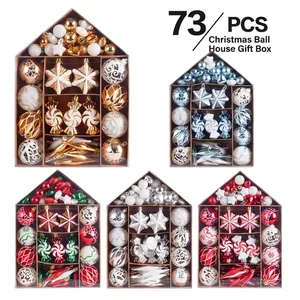 73pcs Christmas ornament set in house gift box featuring balls stars and snowflakes