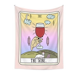Detail of pink tarot-style tapestry with The Wine illustration and white cat design