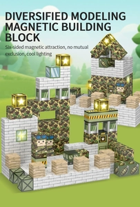 Detail of military magnetic building blocks with camouflage patterns and LED lights