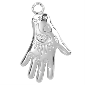 Polished silver Hamsa hand charm with eye and heart detail for DIY necklace pendant