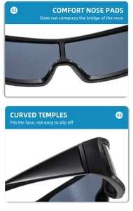 Detail view of comfortable nose pads and ergonomic anti-slip curved temples on black sunglasses
