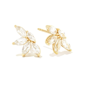 Elegant s925 silver needles earrings with marquise-cut white zircons in gold leaf shape