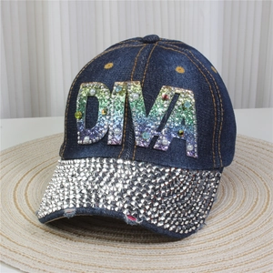 Detail of denim baseball cap with DIVA rhinestone lettering and sparkling crystal brim