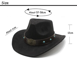 Detaillierte Maße des schwarzen Western-Cowboyhuts aus Wildleder mit Ethno-Band