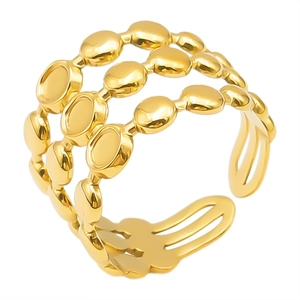Three-row oval bean gold ring with adjustable open design in high-polished 304 steel