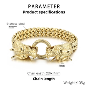 Détail du bracelet dragon en acier plaqué or 18 carats avec dimensions de chaîne 230x11 mm