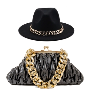 British style wool fedora and pleated handbag set with bold gold chain accents