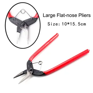 Flat nose pliers with red non-slip handles and spring-loaded design, 10x15.5cm size detail