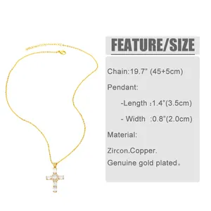 Size specifications for the gold-plated cross pendant necklace with zircon crystals