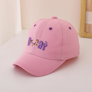 Close-up of pink cotton kids baseball cap with purple Bear embroidery and breathable eyelets