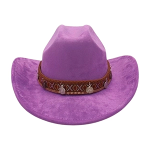 Detail of purple western cowboy hat featuring ethnic woven band and metal coin charms