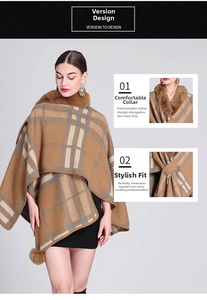 Detailed view of brown plaid poncho featuring faux rabbit fur collar and fuzzy pompom hem